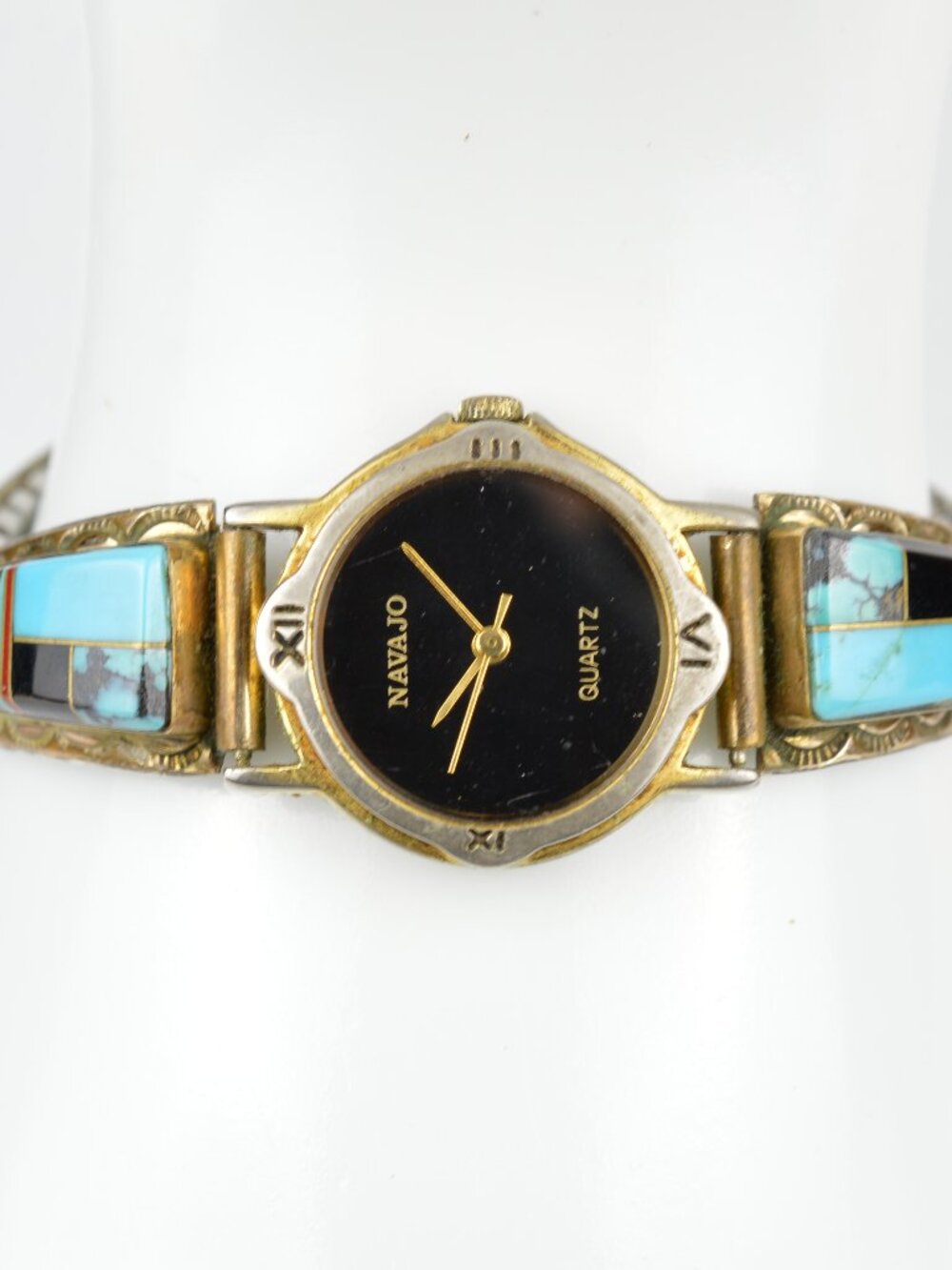 VTG Jean Dixon Navajo Sterling Silver Watch Tips Turquoise Onyx Coral Inlay Band